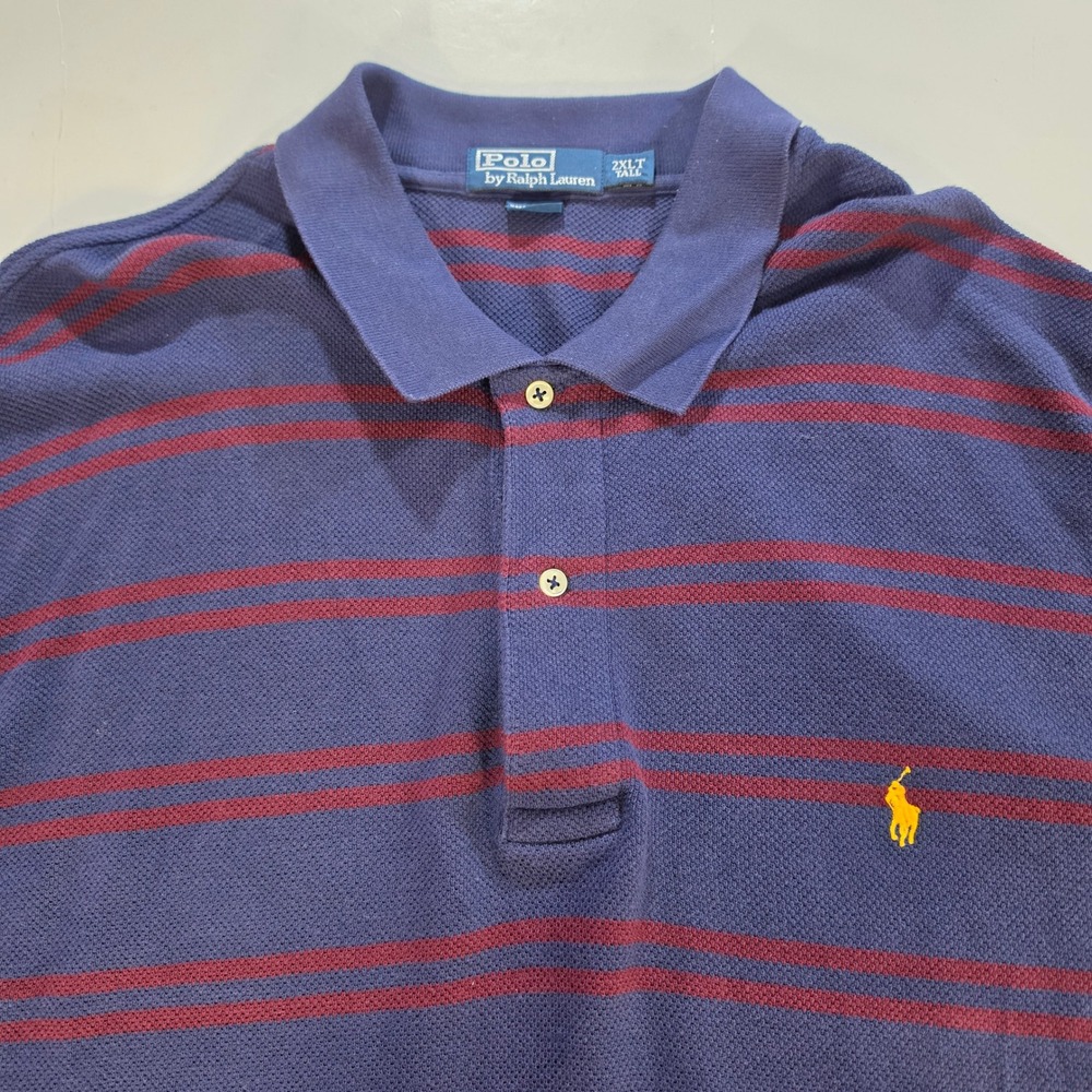 Polo Ralph Lauren Mens 2XLT Tall Blue Red Striped Pique Polo Shirt Yellow Pony